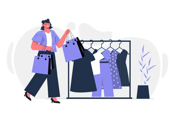 A 2D Vector Illustration of a Woman Carrying Shopping Bags Inside a Boutique image